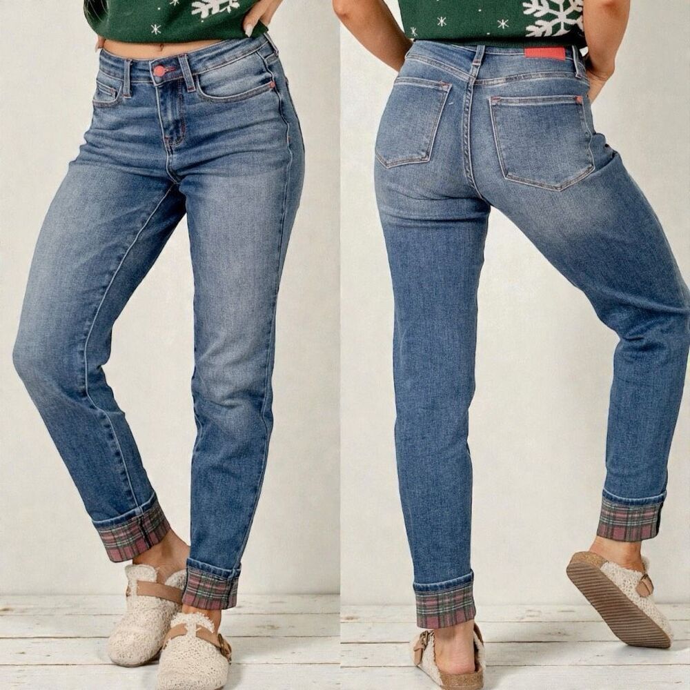Judy Blue Buffalo Plaid Cuff Straight Leg Jeans Mid Rise Size 13/31 NWT - Picture 7 of 16